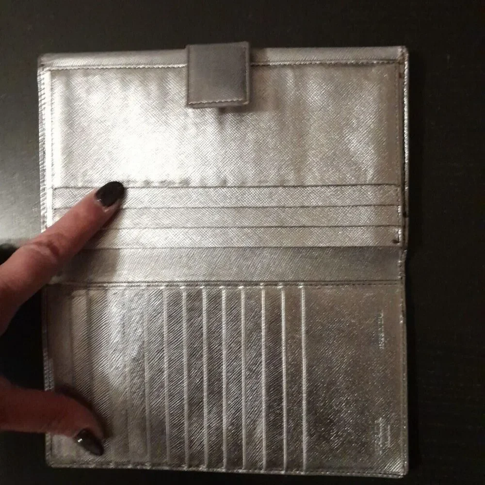 Prada  Saffiano Leather Metallic Silver Long‎ Wallet Rare Color Rubbing Inside
